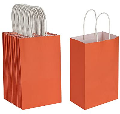 Oikss 50 Stück 13 x 8,25 x 21,6 cm kleine orangefarbene Kraftpapier-Geschenktüten mit Griffen, ideal für Valentinstag, Geburtstage, Hochzeiten