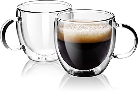 Stylusella Double Wall Glass Espresso Cups 5oz/150ml, A set of 2, Thermo Insulated Borosilicate Glass Cups with Handle