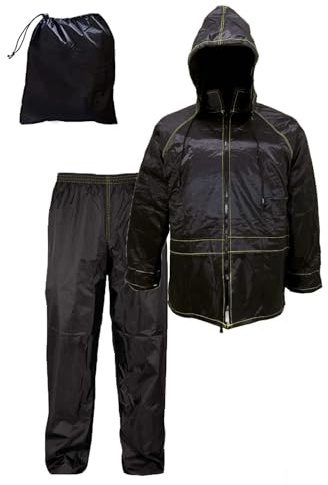 Susy Shop Conjunto de chamarra y pantalón impermeable para motocicleta, resistente al viento y a la lluvia | Con bolsa | Negro | Conjunto de chaqueta y pantalón - Capucha ocultable | Para hombre y