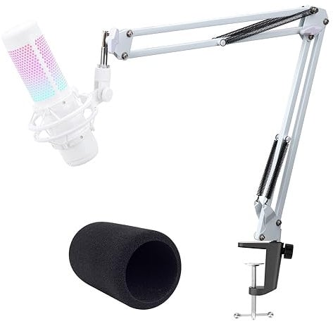 QuadCast Mikrofonarm Weiß - Professioneller Studio Boom Arm mit Mikrofonabdeckung Schaumstoff-Pop-Filter, Kompatibel mit HyperX QuadCast S Mikrofon 3/8 bis 5/8 Adapter von YOUSHARES