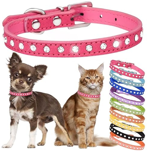 Collier réglable en cuir souple avec strass pour chien et chat de petite et moyenne taille - Rose - XXS