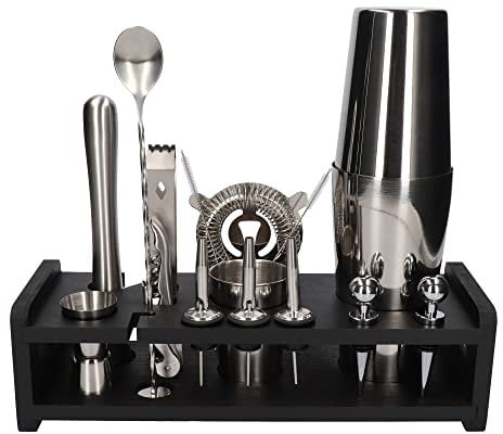 Whiskey Rocks 17-er Cocktail Shaker Set mit Schwarz Bambusständer - Cocktail & Bar Zubehör - Boston Shaker - Barkeeper Set - Bar Set - Cocktail Messbecher & Stößel - Barlöffel - Edelstahl - Silber