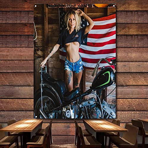 Retro Motorrad Banner Flagge Sexy High Heels Babes Werkstatt Garage Poster Wandkunst Dekor Tapisserie Vintage Schild Mann Höhle Pub Club 96 x 144 cm W1