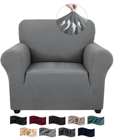 CYCMACO High Stretch Sofa Überzug 1 Sitzer, Sesselhusse rutschfest, Couch Bezug Elastischer, Jacquard Sofahusse Mit Armlehnen, Universal Sofa Covers, Couchüberzug Waschbare, Hellgrau
