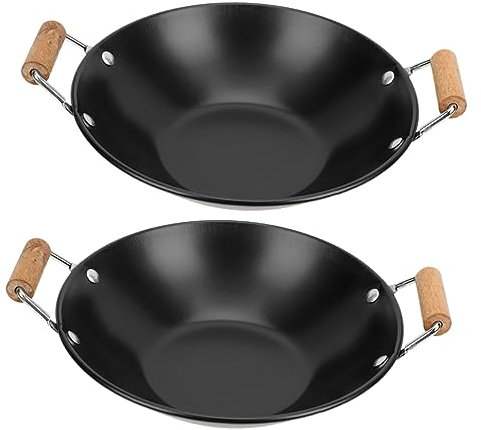 BESTonZON 2 Piezas Plancha De Acero Inoxidable Sartén Para Saltear Olla Caliente Olla De Cocina Fondue Olla Wok Profunda Espesar Olla Paella Metal Productos Domésticos De Madera Individual