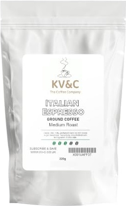 KV&C Italian Espresso Ground Coffee, Medium Roast, Rich Heavy Body with Cacao and Chocolate Notes, Resealable 220 g Bag, for Cafetière and Filter Brewing