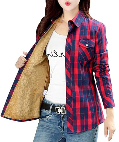 TDEOK Veste à carreaux pour femme - Doublée - Grandes tailles - Veste polaire à manches longues - Veste d'hiver chaude - Blouse à carreaux doublée - Chemise à carreaux - Chemisier d'hiver - Chemise