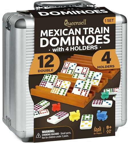 Mexikanisches Zug-Domino-Set mit 4 Haltern - Domino Doppel 12 mit Holznabe und Steinhaltern - Doppel 12 Domino-Set für den Familien-Spieleabend für Erwachsene und Kinder ab 8 Jahren (D12 + 4 Halter)