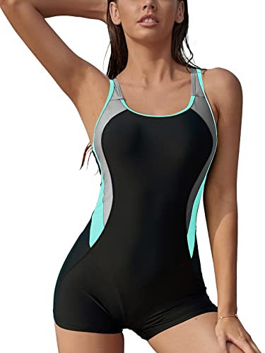 SHEKINI Maillot de bain une pièce athlétique pour femme Boyleg Color Block Sport Maillots de bain dos nageur, Noir + vert lac, 34