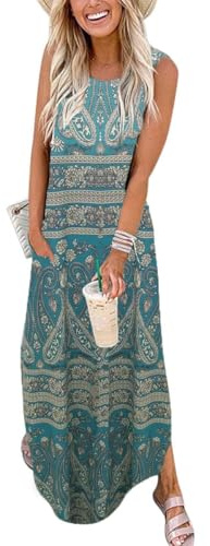 Cuptacc Sommerkleid Damen Lang Ärmellos Blumenmuster Strandkleid Maxikleid mit Taschen Elegante
