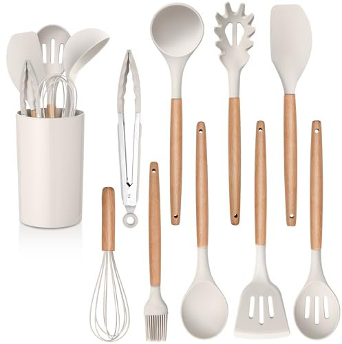 Herogo Ensemble d'ustensiles de cuisine avec support, 10 pièces en silicone avec poignée en bois, résistant à la chaleur et antiadhésif, spatule de cuisine, spatule tournante, pince Gadgets - Kaki