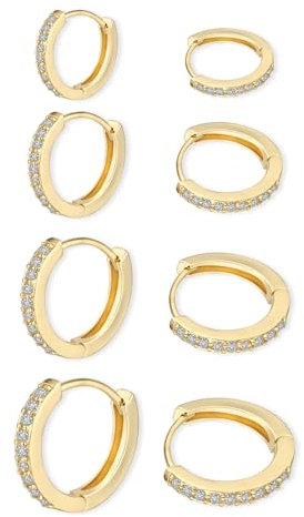 4 Paar Gold Creolen für Damen - Klein Ohrringe Set mit Zirkonia, Hypoallergen Knorpel Ohrringe, Strass für Mehrere Piercings, Schlafen - 6mm/8mm/10mm/12mm