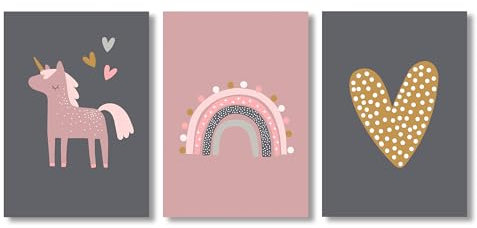 Rabano Art 3er Set Kinderzimmer Poster DIN A4 in Pastell Farben Einhorn | Bilder Kinderzimmer, Kinderzimmer Deko, Wandbilder, Deko Bilder, Boho Dekoration für Kinder