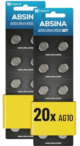 ABSINA 20x Pile LR1130 AG10 LR54-1,5V Alcaline étanche & Longue durée - V10GA / RW49 / G10A / 189 / GP189 / L1130 / 89A - Pile LR54 Pile Bouton, Pile L1131C, Pile L1131, Piles LR54, Piles AG10