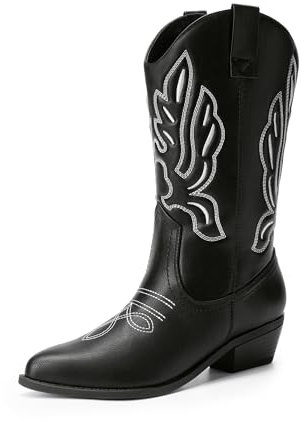 DREAM PAIRS Stivali da Cowboy Donna Stivali a Metà Polpaccio Da Donna Stivali da Cowgirl con Tacco Grosso Ricamati,Size 39,Nero-Pu,DWUMMB2419