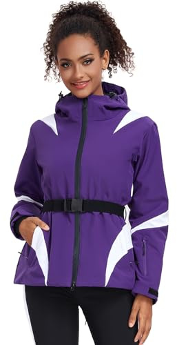 ALSOGO Damen Skijacken Wasserdicht Isoliert Snowboard Berg Kapuzen Schnee Mantel Jacke mit Gürtel Lila S