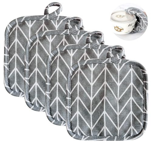 4Pcs Heat Resistant Cotton Pot Holders With Hanging Loop, Cotton Pot Holders Square Oven Mitts Thickened Potholder Hot Pads for Table Bowl Cup Kitchen Baking Camping BBQ Microwave, Grey Lattice