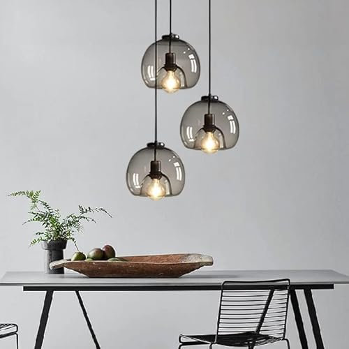 Lustres, Luminaire Suspendu Moderne Noir à 3 Lampes E27 avec Globe en Verre Gris fumé for Salle à Manger, Salon, îlot de Cuisine(A)