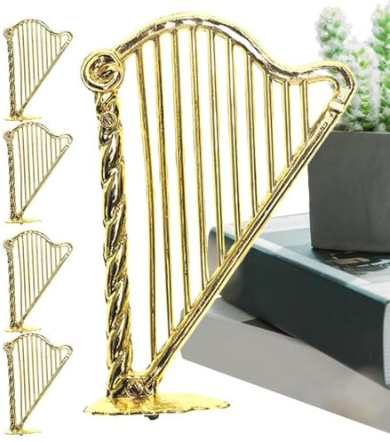 Qutalmi Winziges Harfenspielzeug, Winzige Harfen | Kleines Harfen-Desktop-Ornament-Set mit 5 Stück,Musikinstrument, 1:12 Miniatur-Musikinstrumentenmodell, Harfenmodell für Puppenhausdekoration