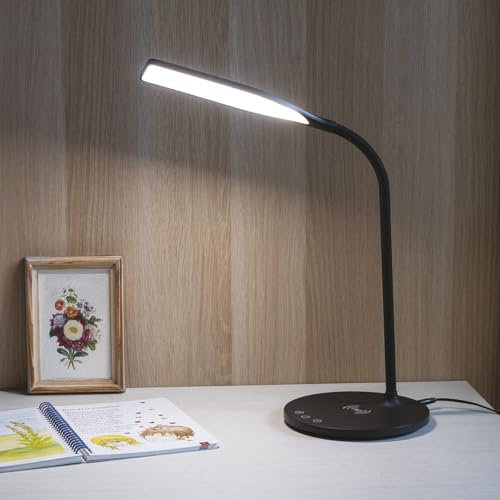 EMOS LED Tischlampe Oscar 5,5W, Helligkeit 360lm, kabelloses Handy-Aufladen, Timer-Funktion, dimmbar, einstellbare Lichtfarbe (3000-5700 K), hohe CRI (>90), 1,5m Ladekabel mit 12V/2A Adapter, schwarz