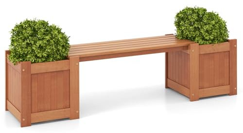 COSTWAY 2-in-1 Wooden Planter & Bench, Raised Garden Bed with Seat and Open-ended Bottom, Teak Oil Finish Outdoor Bench with 1/2 Flower Box for Patio Backyard Balcony (2 Planter Box)