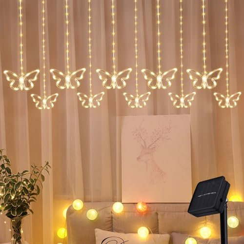 Schmetterling Lichtervorhang Innen, Frühlingsdeko Schmetterling Lichterketten Vorhang Solar 8 Modi 120 LEDs Lichterkette mit 10 Haken Fernbedienung Verstellbare Helligkeit für Innen und Außen Deko