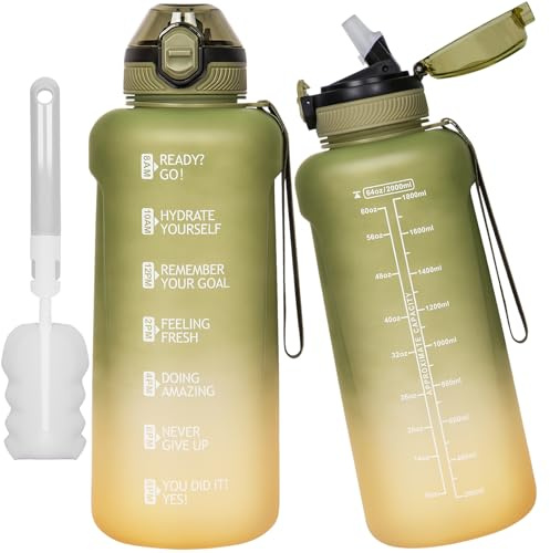 DEARRAY 2L / 2 Litre Tritan Sports Water Bottle with Straw 2000ml Large Gym Bottle with Time Marker, Leakproof Drinks Bottle BPA Free