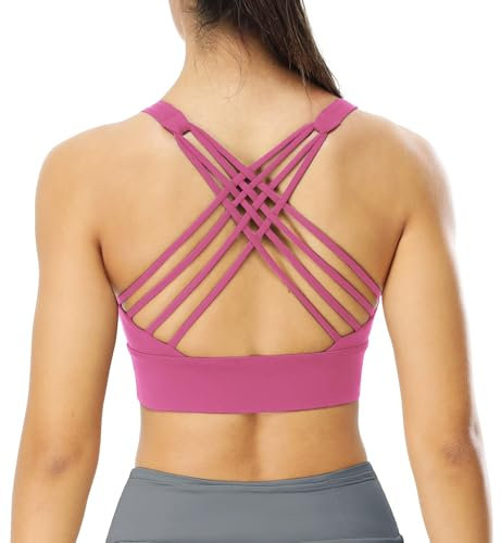 icyzone Damen Sport-BH Gepolstert Ohne Bügel Yoga Bra Gekreuzt Rücken Sport Gym Fitness BH (Raspberry Purple, S)