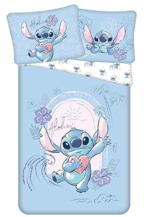 Lilo & Stitch Wave Bettwäsche 140x200 + Kissenbezug 70x90 Baumwolle Disney | Wendebettwäsche Einzelbett | Naturbaumwolle atmungsaktiv Oeko-Tex | Wellen Design Disney | Jugendliche | Geschenk
