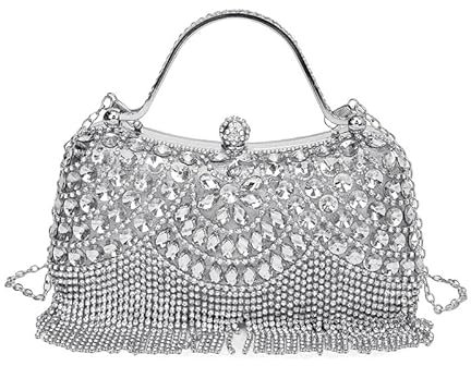 TEXIJUSO Glitzer Strasssteine Clutch, Silber Beuteltasche Damen, Handtasche Abendtasche Brauttasche, Bags for Women für Hochzeit Formal Abend Prom Party Club