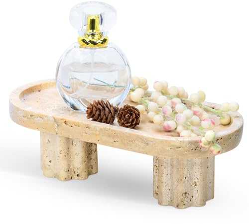 Axiqunel Natural Travertine Oval Tray with 2 Legs, 9.6x4.7 Vanity Decorative for Countertop Ornaments, Catchall for Perfume, Candles, Jewelry Dish & Home Decor