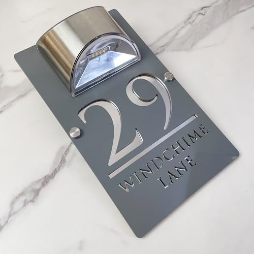 Personalised Solar LED House Number Sign – Custom Illuminated Door Plaque with Laser Engraving – Waterproof Acrylic Address Plate – Auto ON at Night for Home Wall, Fence or Gate (Gray silver)