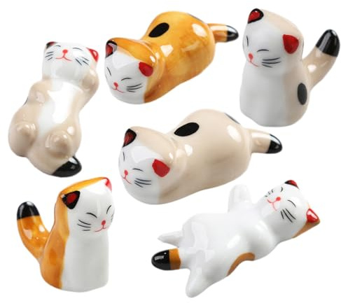 COLLBATH 6pcs Cat Shape Ceramic Chopsticks Rest Multifunctional Kitten Design Porcelain Holder for Dining Table Decoration and Reusable Chinese Tableware