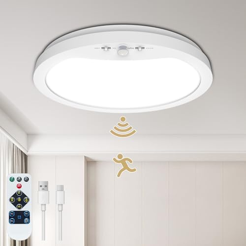 SonPen Akku LED Deckenleuchte mit Bewegungsmelder Innen, 22cm Rund Deckenlampe mit Aufladbare 6000mAh Batterie & Fernbedienung | Kabellos, IP44 Wasserdicht | für Flur, Bad, Küche, Garage, Keller