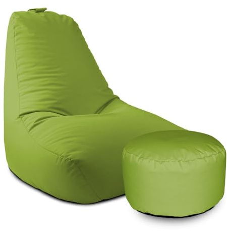 rucomfy Beanbags Large Indoor/Outdoor Bean Bag Chair, Home & Garden Recliner Seat, Durable & Water Resistant 97 x 82 x 80cm (Olive Green, With Footstool)