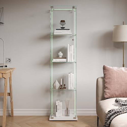 Vitrine en verre avec LED - Vitrine sur pied avec porte et serrure - Vitrine lumineuse pour collections - 4 couches - Pour chambre à coucher, bureau (petite + base blanche + barre lumineuse)