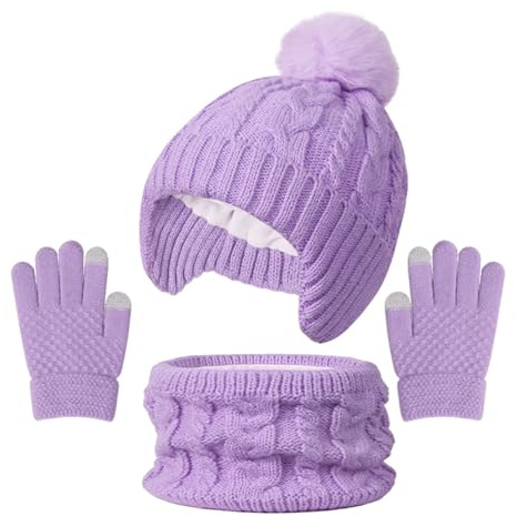 Ensemble Bonnet Echarpe Gant Enfant Tour de Cou Hiver Bonnet à Pompon, Doublure en Polaire pour Filles et Garçons 3-10 Ans