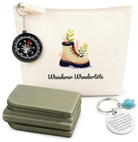 4er Set Wandern Geschenkset für Damen, Enthalten Kulturtasche, Faltbares Sitzkissen, Kompass & Glücksbringer Schlüsselanhänger, Wanderer Wundertüte, Optimales Wander Zubehör für Outdoor-Abenteuer