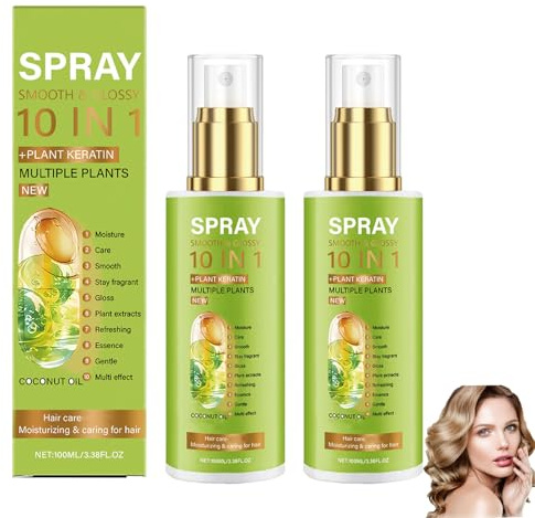10 in 1 Smooth & Glossy Spray for Frizzy, Dry Hair, Leave in Conditioner Spray, Reduces Hairs Loss, Smooth and Glossy After Use, Volumizing with Natural Shine, For All Hair Type (2pcs)
