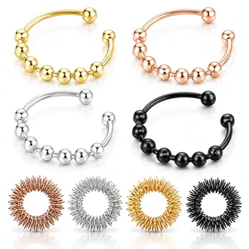 AHEJIOO 8 Stück Fidget Ring Set – Verstellbare Perlenringe aus Edelstahl in 4 Farben + 4 Akupressur Ringe – Anti Stress Ringe, Anxiety Ring, Stressring für Entspannung, Stress-Relief, Ängstlichkeit