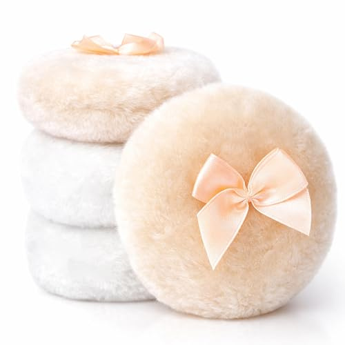 Bafutayawa Puderquaste Groß 4 Stück Set Puder Puff für Körperpuder Weich Fluffig Waschbar mit Schleife für Damen Make Up Weiß Beige