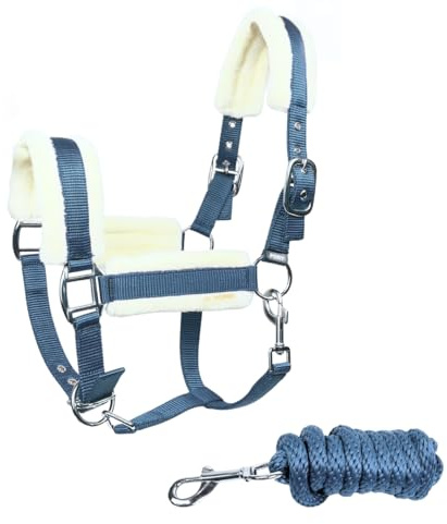 JA Horse JA4006 Premium verstellbar Halfter Set Karabinerhaken, Pony | 3-Fach Verstellung inkl. Führstrick, Weich gepolstertes Stallhalfter, Verstellbarer Kinnriemen und Karabinerhaken