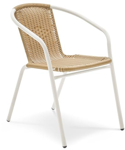 MAT-COMPANY Bistrostuhl Polyrattan Stapelstuhl Gartenstuhl Balkonstuhl Terrassenstuhl mit Metallgestell Weiß