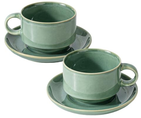 MIKIGEY Ceramics 10oz Cappuccino Cups with Sacuer, Set of 2, Green