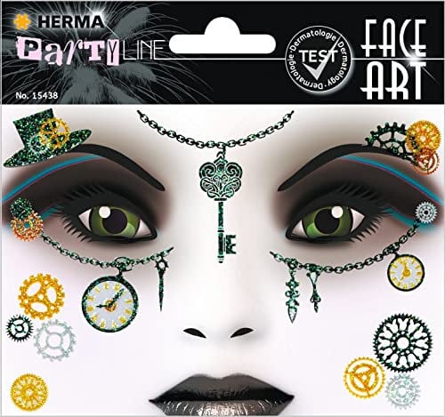 HERMA 15438 Face Art Sticker Steampunk, dermatologisch getestet, ablösbare Glitzer Gesicht Aufkleber, temporäre Tattoos für Karneval Fasching Halloween Festival Kinder Geburtstag, grün gold