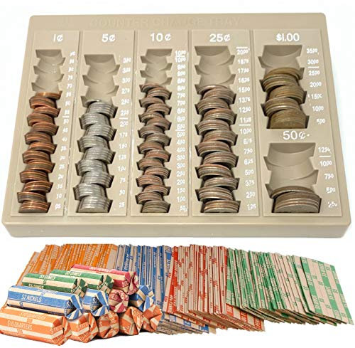Münzzähler und Sortierer Geldtablett – gebündelt mit 64 Münzrollen-Wrappern – 6 Ablagefächer Kleingeldorganizer und Halter – idealer Münzspender für Bankanzeigen, Geschäft oder Zuhause