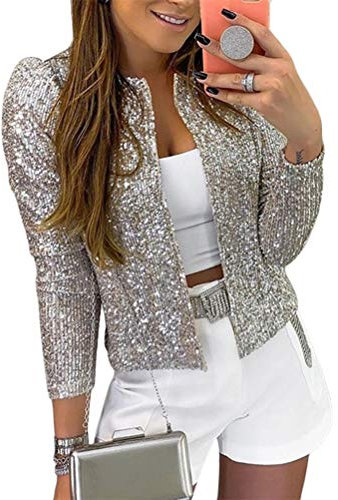 ORANDESIGNE Damen Elegant Langarm Blazer Sakko Einfarbig Slim Fit Pailletten Jacke Kurz Mantel Anzüge Bolero Party Outwear Cardigan Tops Silber 40