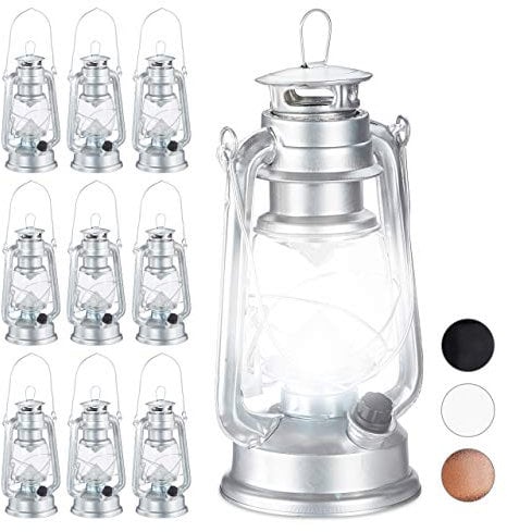 Relaxdays 10 x Sturmlaterne LED, Retro Sturmlampe als Fensterdeko oder elektrische Gartenlaterne, batteriebetrieben, Silber