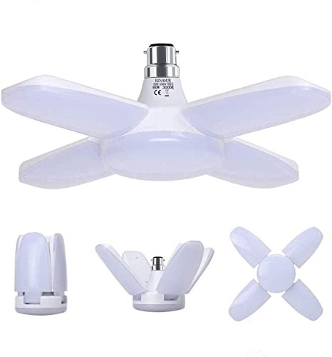 HZSANUE Lampe de Garage à Baïonnette B22 60W, Blanc Chaud 3000K 6800Lm éclairage de Plafond à LED Déformable avec 4 Panneaux Ajustables, pour Garages, Sous sols, Entrepôts, Gymnases (lot de 1)