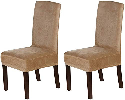 LINGKY Samt Esszimmer Stuhlhussen Stretch Stuhlhussen Für Esszimmer Parson Stuhl Schonbezüge Stuhl Schutzhüllen Esszimmer, Soft Thick Solid Velvet Fabric Washable (Kamel,Set of 2)